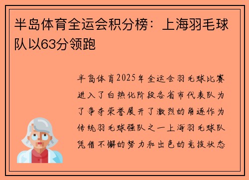 半岛体育全运会积分榜：上海羽毛球队以63分领跑